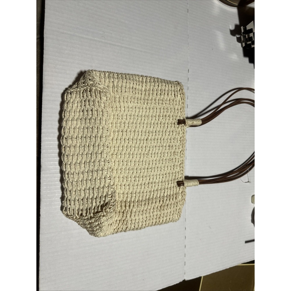 Woven Beige Tote Bag Zip Top Lined Inner Pockets Brown Double Handles